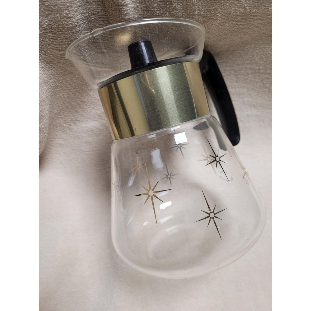 Vintage Corning Glass Coffee Carafe Starburst Atomic Gold Black MCM 4 Cup Lid